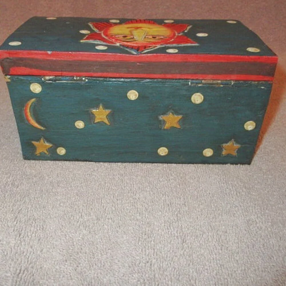 Vtg Celestial Moon & Sun Wood Stash Box 3D Astral Stars Cosmic Painted Lunar 70s